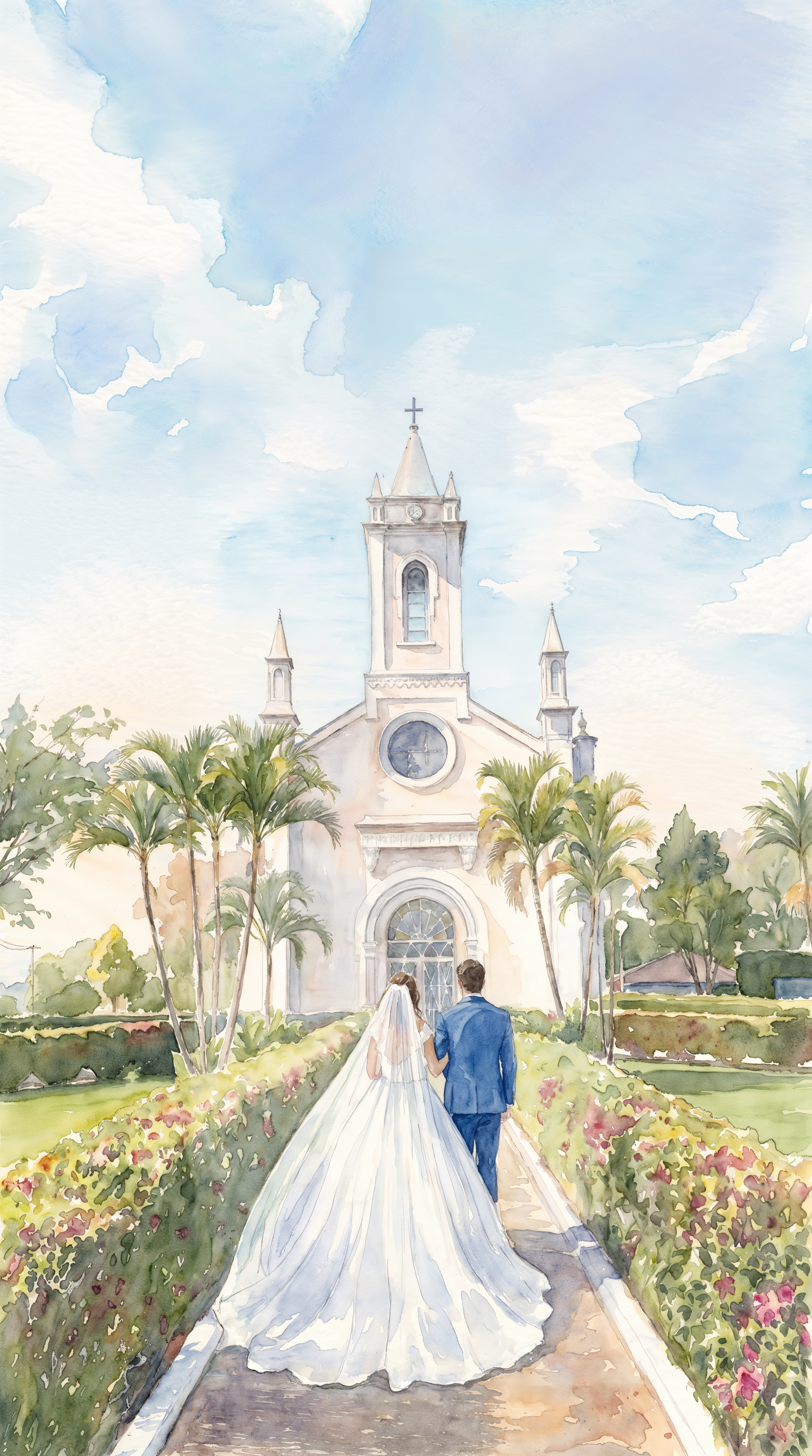 Aquarela da igreja com os noivos